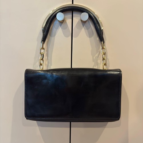 Max Mara Two Tone Glossy Shoulder Bag Leather Black Gold Strap Dust Bag