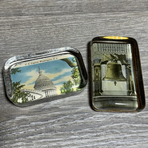 Lot 2 Vintage Glass Paperweights Liberty Bell U.S. Capitol Patriotic 1920s