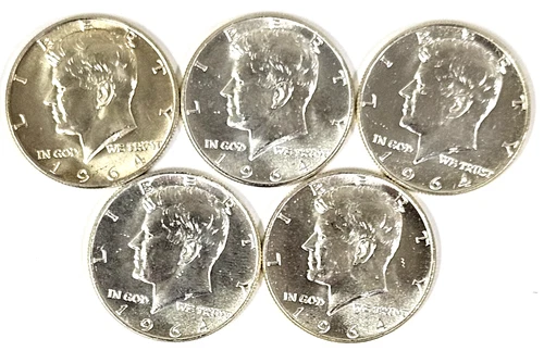 Five UNC 90% Silver 1964 U.S. Kennedy Half Dollars