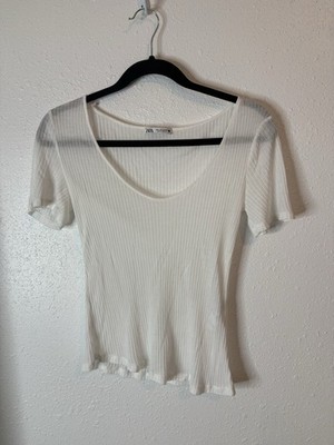 ZARA Women's White Extra Fine Rib Crewneck Short Sleeve Casual Top SZ S #685