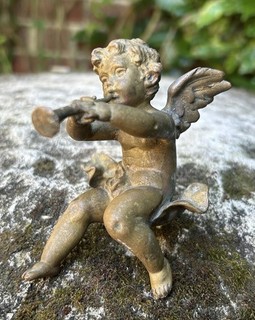 Antique Good Little Cold Cast Gilt Cherub Putti Mascot Bust Interior Art Statue