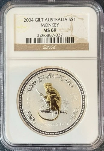 2004 Australia GILT GILDED $1 Lunar Year of MONKEY NGC MS69 Silver Coin 🐒RARE🐒