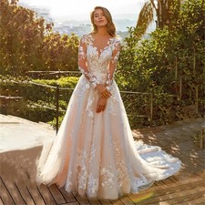 Elegant Scoop Neck Lace Wedding Dresses Long Sleeve Buttons Back Bridal Gowns