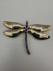 Authentic Dragonfly Brooch Pin Gold Plated Metal Blue Round Rhinestones Animals 3 in