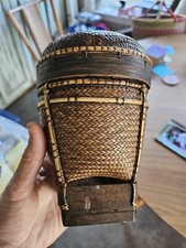 Antique CHINESE ASIAN RICE BASKET Woven Dark Wicker Bamboo Unique Design&nbsp;6.75"