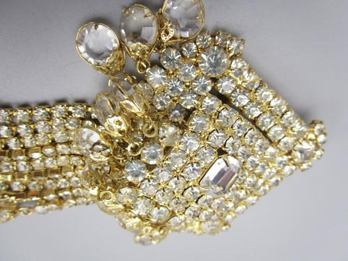 60'S FLASHY 5 1/2" HOBE GOLDTONE DANGLING RHINESTONE BROOCH PIN & EARRINGS SET - Picture 5 of 9