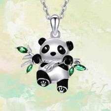 Cute Cartoon Panda Holding Bamboo Pattern Pendant Necklace For Girl Birthday