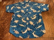 vintage COLUMBIA men's 2XL blue All-Over FISH pattern button up shirt USA made