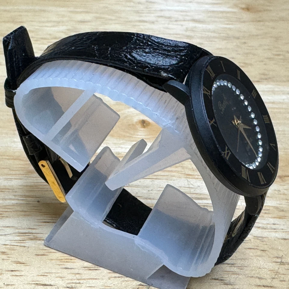 Vintage Pearl Quartz Watch Unisex Black Faux Diamonds Leather Analog New Battery - Image 3 of 4