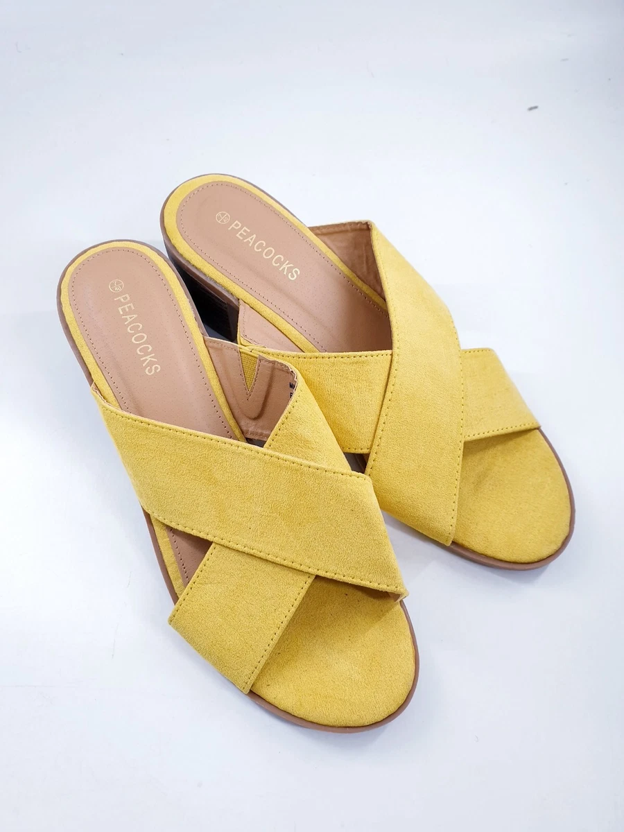 Peacocks size 7 40 yellow faux suede cross strap block heel mule sandals