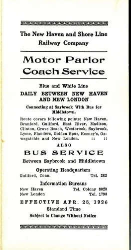 New Haven & Shore Line Railway, Motor Coach Time table, April 25, 1926