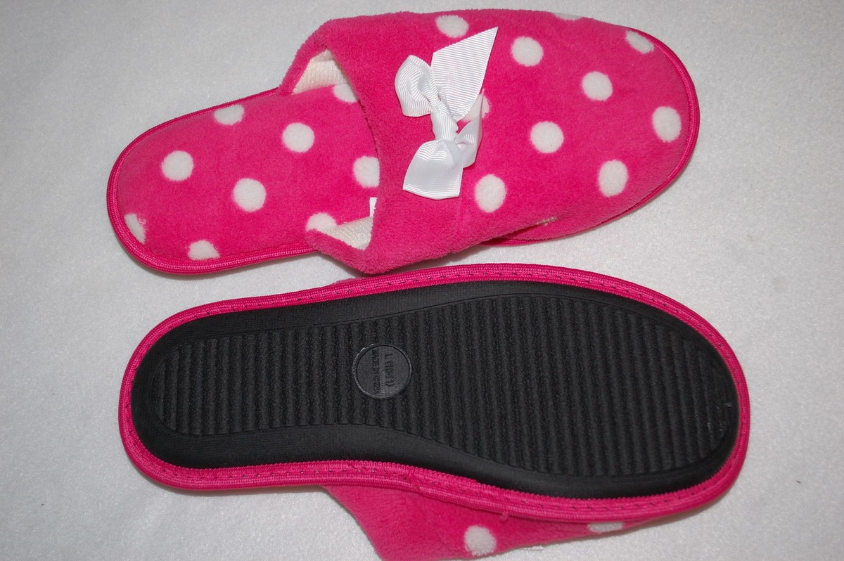 Womens Slippers PINK w/ WHITE POLKA DOTS Slip On RUBBER SOLE