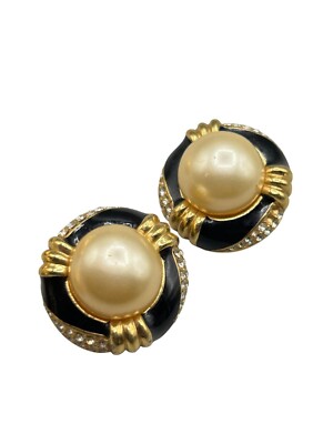 Ciner Vintage Clip-On Earrings Faux Pearl Gold Tone & Enamel 1-Inch Diameter Ele