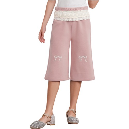 Girls' Cute Cropped Tights Pants Summer Solid Lace Trim Stretch Dance Yoga Pants - Picture 20 of 51