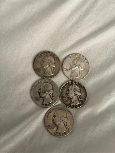 Lot of 5 Silver Washington Quarters 90% Silver Circulated US Coins