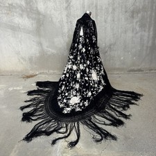 Antique Piano Shawl Canton Black Silk W White Hand Embroidered Flowers Vintage