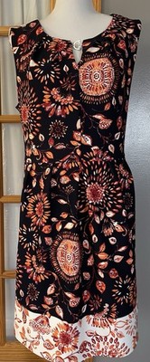 Enfocus Pleated Floral Dress Womans 20W Black Orange Red Romantic Cottagecore