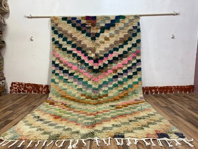 Handmade Moroccan Berber Rug 5.38x8.63 ft   Wool Checkered Green Cream Carpet
