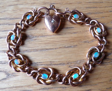 Antique  9ct gold Opals Heart Lock Curb Bracelet Heavy 17.4g Victorian Edwardian
