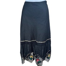 Carole Little Vintage Black Linen Maxi Skirt Embroidered Floral Trim Size 10