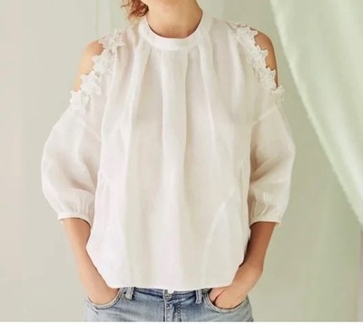 Anthropologie Eri + Ali Jemma Linen Blouse size S cold shoulder floral accents