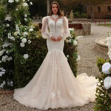 Elegant Wedding Dresses Lace Applique Mermaid High-Neck Long Sleeves Ball Gowns