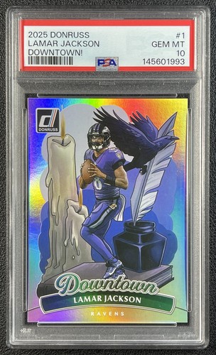 LAMAR JACKSON PSA 10 2025 PANINI DONRUSS #1 DOWNTOWN! SP RAVENS 993