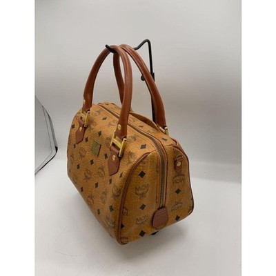 MCM Authentic Visetos Logo Leather Top Handle Handbag Camel Brown Boston Bag