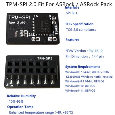 1× TPM 2.0 Module Security Module Board For ASRock Pack SPI Motherboard 14-1 PIN