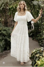 Baltic Born Aspen Smocked Lace Maxi Dress Women's L - Off White Lined Boho NWT