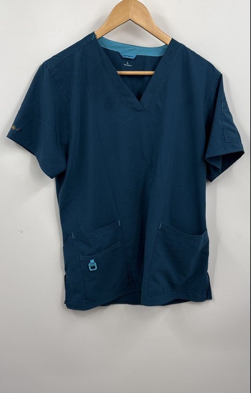 Carhartt Women's Blue Short Sleeve V-Neck Pockets Scrub Top Size Large