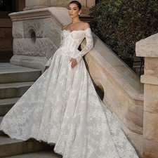 A‑Line Lace Wedding Dresses Off‑Shoulder Long Sleeves Floral Applique Gown Train