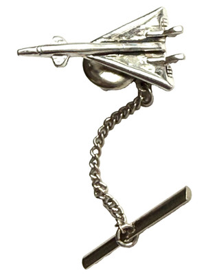 VINTAGE XB-70 VALKYRIE BOMBER JET SILVER TONED METAL 1'' TIE TACK PIN ON CHAIN