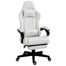 Racing Gaming Chair w/ Padded Arms, PU Leather Gamer Recliner Home Office White