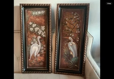 2 Vintage Original Framed White Crane Bird Canvas Oil Paintings