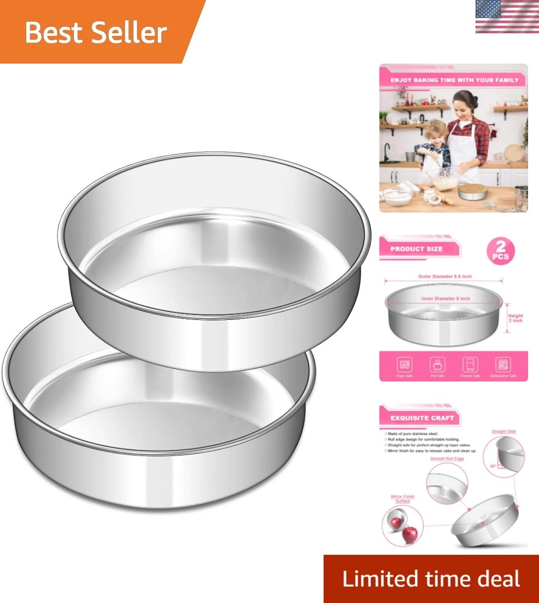 8 Inch Cake Pan Set of 2, Stainless Steel Round Layer Cake Baking Pans Tins, ...