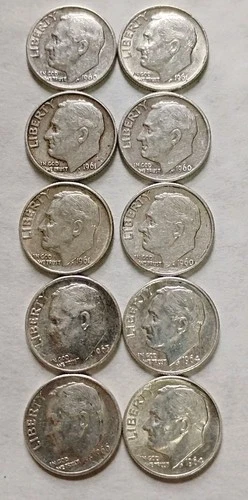 Lot of 10 - U.S. 90% Silver Roosevelt Dimes 1960- 1964 P D XF $1 Face #44