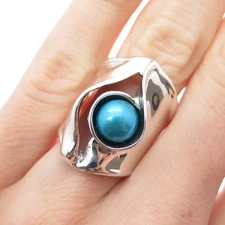 HAGIT GORALI 925 Sterling Silver Vintage Real Blue Pearl Modernist Ring Size 6