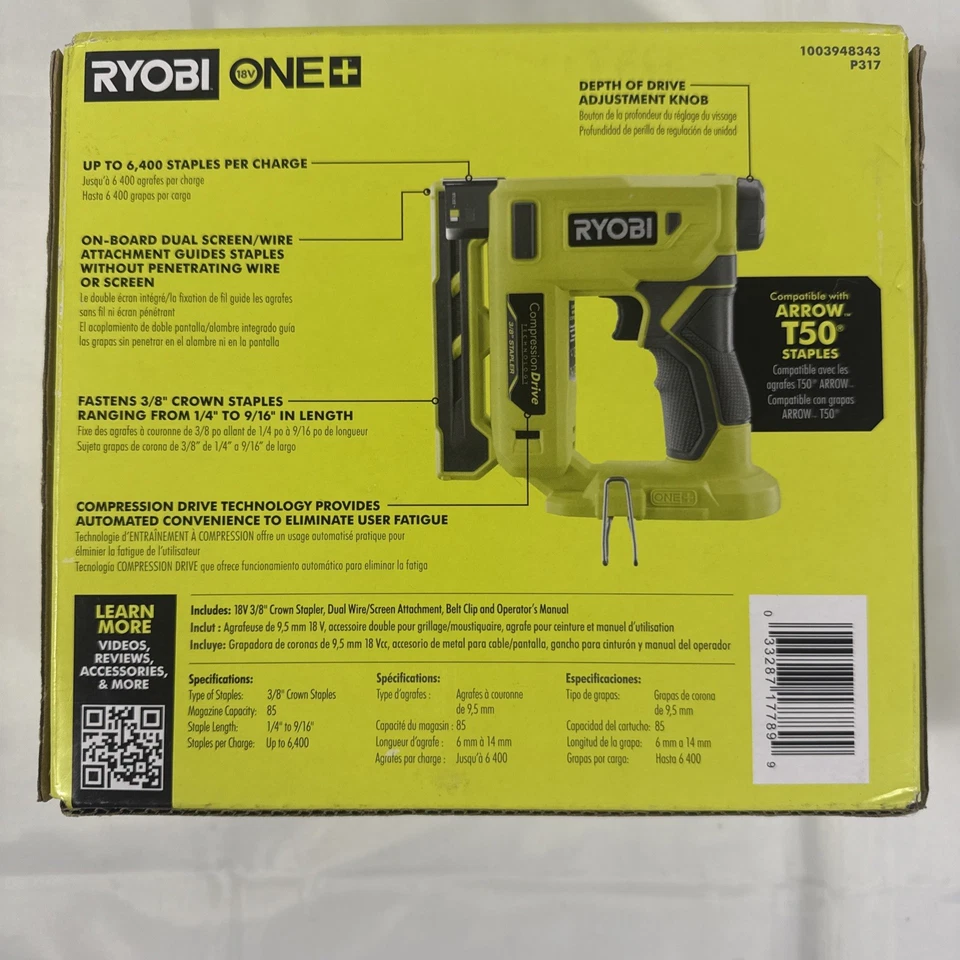 Grapadora corona accionamiento compresión Ryobi 18V 3/8" (solo herramienta) P317  Foto 2 de 4