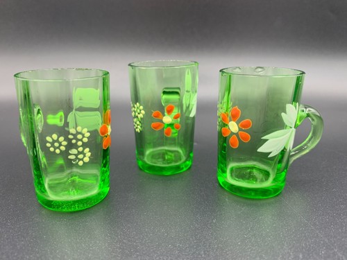 Set 3 Bohemian Czech Uranium Vaseline Tumbler Shot Glasses Enamel Flowers 1920 - Picture 3 of 11