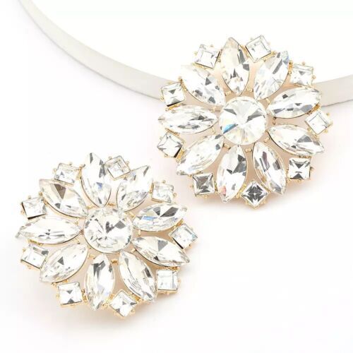 Big Large Crystal Stud Earrings Rhinestone Silver Tone Prom Pageant Wedding - Picture 4 of 5