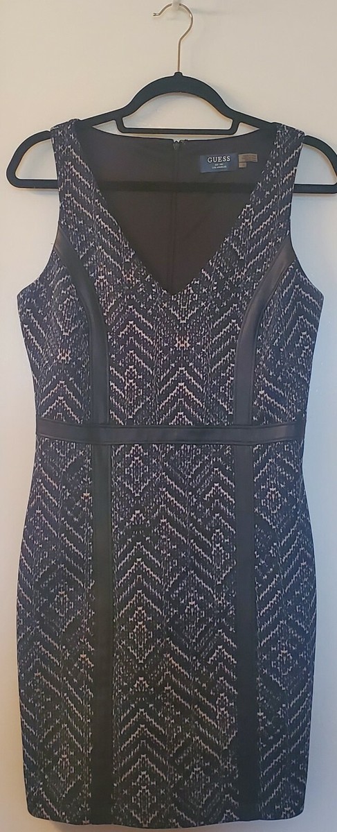 GUESS Body Con Dress Chevron Black Flattering V Neck Leather look Banding  WOM 8 | eBay