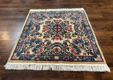 Square Per'sian Kirman Rug 4x4 Ivory Blue Pink Handmade Fine 225 KPSI