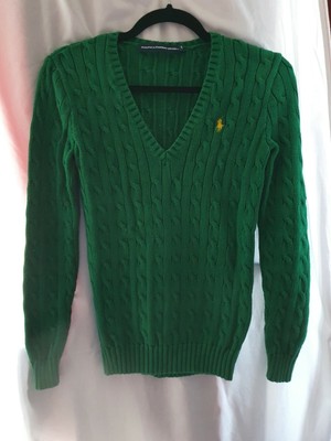 Womens Ralph Lauren Sport Polo Cable Knit V Neck Jumper Emerald Green Size XS | eBay