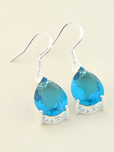 Eoropean Style Teardrop Fire Sky Blue Topaz Gemstone Silver Dangle Earrings - Picture 3 of 5