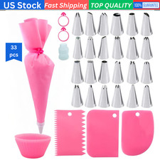 Pink Piping Bags  Tips Set, Stainless Steel Nozzles, Reusable Pastry Bag Kit