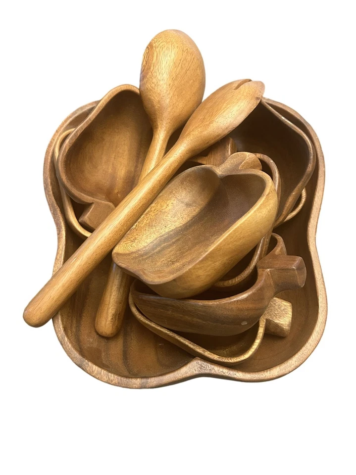Apple-Shaped Wooden Salad Bowl Set With Serving Utensils - Image 2 of 4