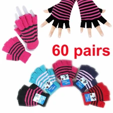 60 Pairs Stripped Fingerless Half Finger Magic Winter Gloves Knit Wholesale Lots