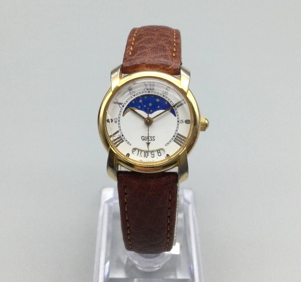 Guess Moon Phase Watch Women Gold Tone Date Leather Band 1989 New Battery