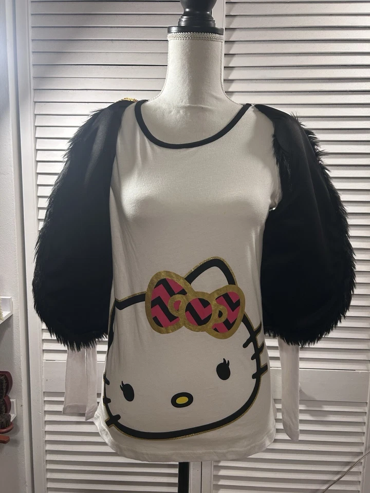 HELLO KITTY Girls Size XL (14-16) White Faux Fur Attached Vest Long Sleeve Top - Image 4 of 4